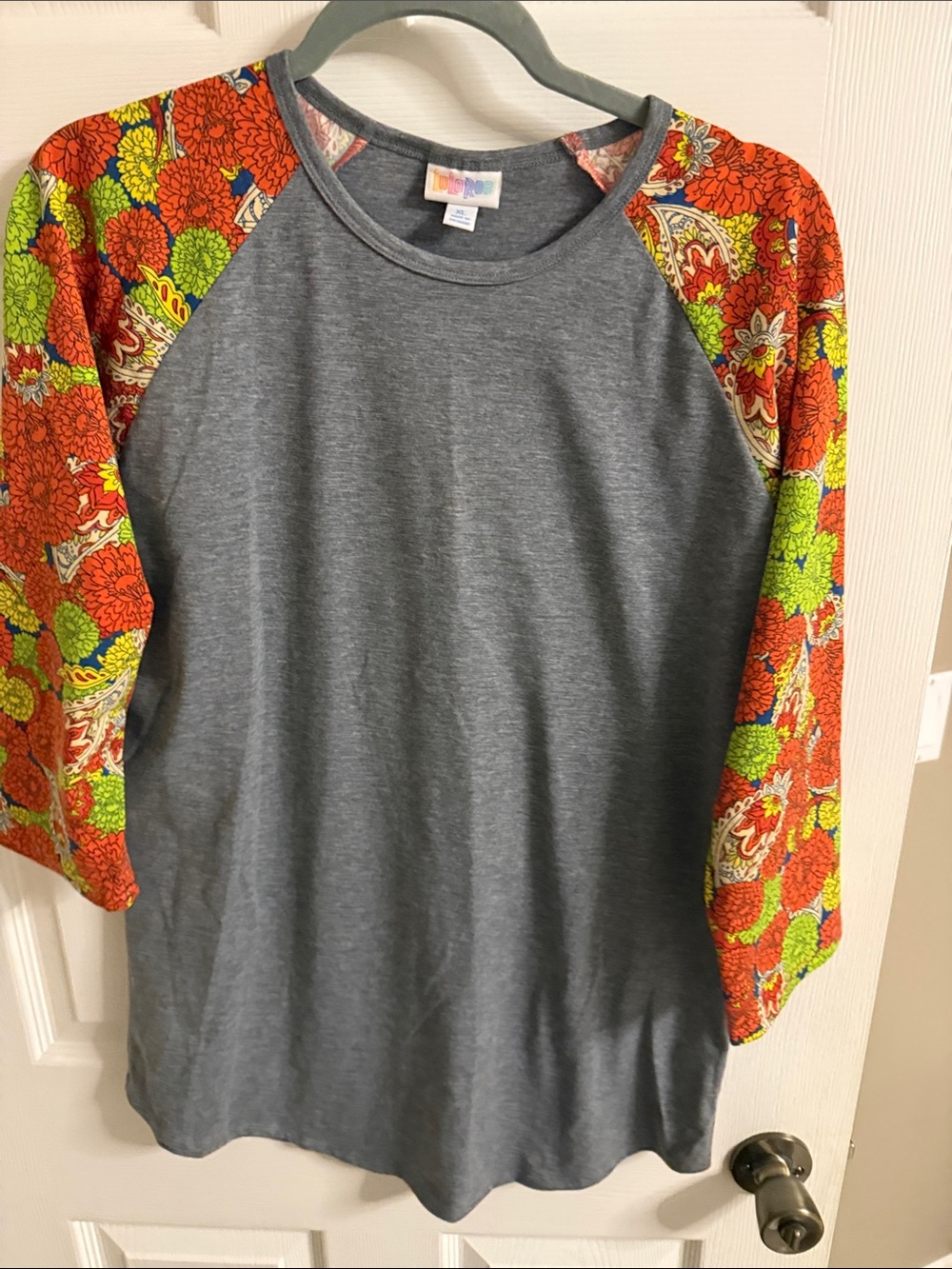 LuLaRoe Gray Raglan Top with Orange and Lime Floral Sleeves